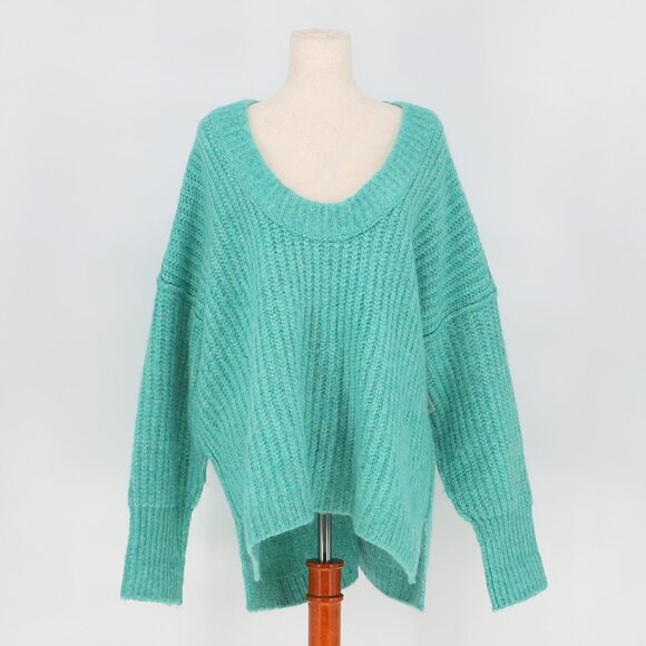 NWT FREE PEOPLE Chunky Knit Blue Bell V-Neck Oversized Sweater Electric Teal M - Picture 5 of 11